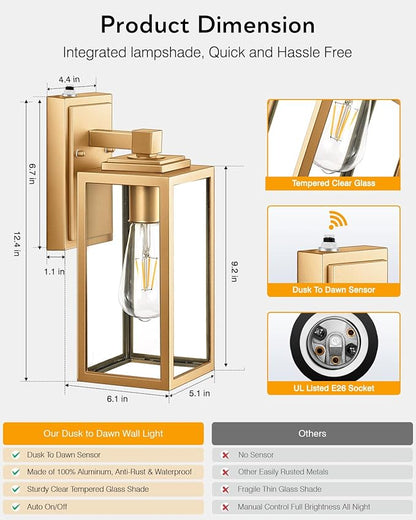 VIANIS Dusk to Dawn Outdoor Wall Lanterns, 2 Pack Golden Exterior Lighting Fixtures Wall Mount Sconces with Photocell Sensor, Waterproof Gold Porch Light Outside Garage Sconces Lamps for House Patio
