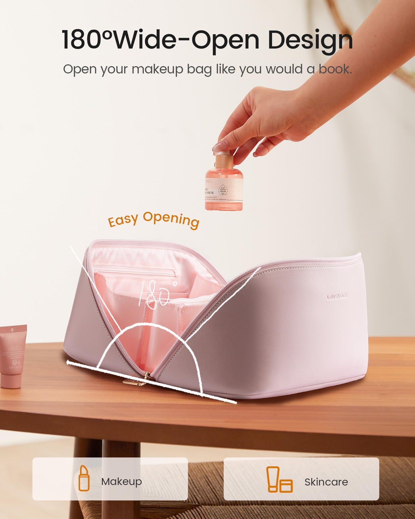 LOVEVOOK Travel Makeup Bag for Women, 2Pcs Large Capacity Cosmetic Organizer Bag, Waterproof PU Leather, Flat Open Portable Small Toiletry Pouch for Skincare, Brushes & Travel Essentials