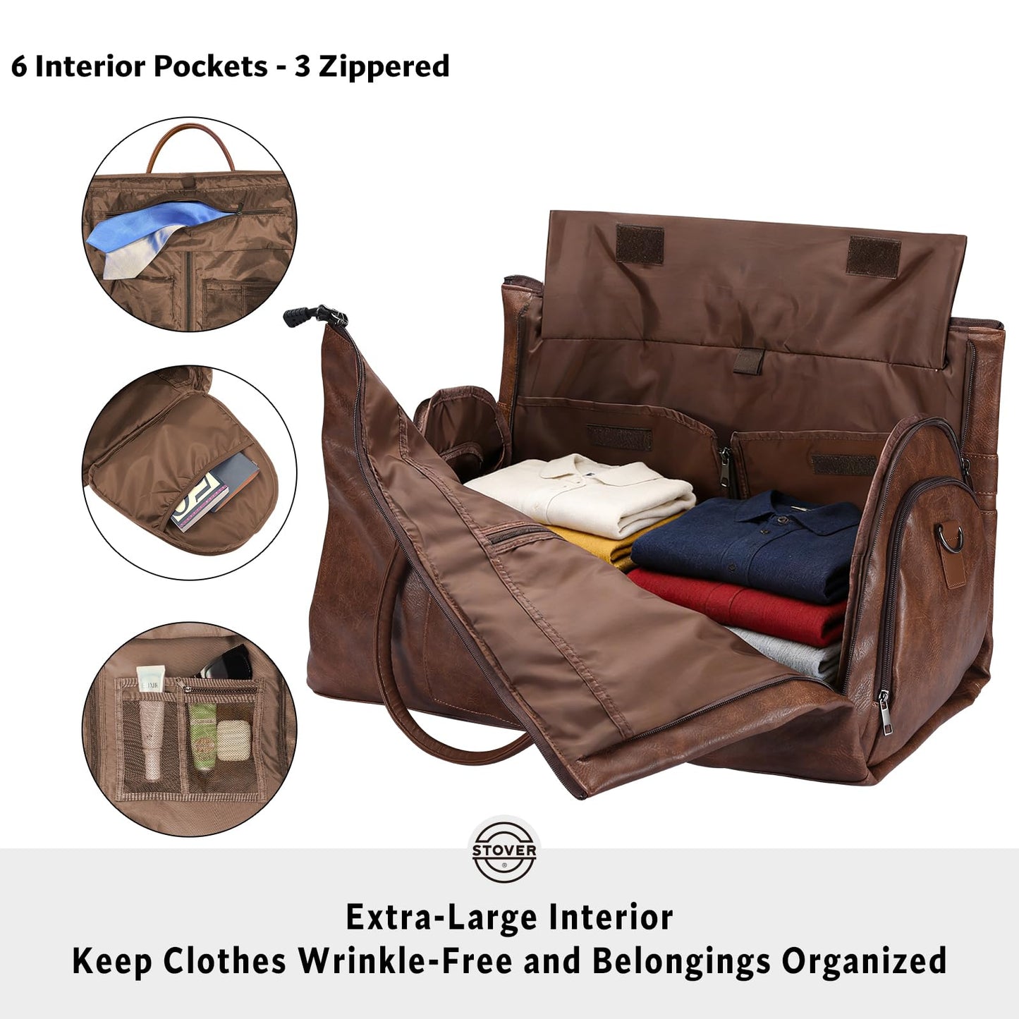 STOVER Garment Travel Duffle Bag, Large 2-in-1 Convertible Carry-on Luggage for Men & Women- Hanging Suits, Dresses & Clothes + Shoe Compartment- Weekender Tote Combo Duffel (Brown Leatherette)