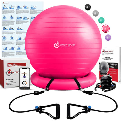 INTENT SPORTS Yoga Ball Chair – Stability Ball with Inflatable Stability Base & Resistance Bands, Fitness Ball for Home Gym, Office, Improves Back Pain, Core, Posture & Balance (65 Cm)