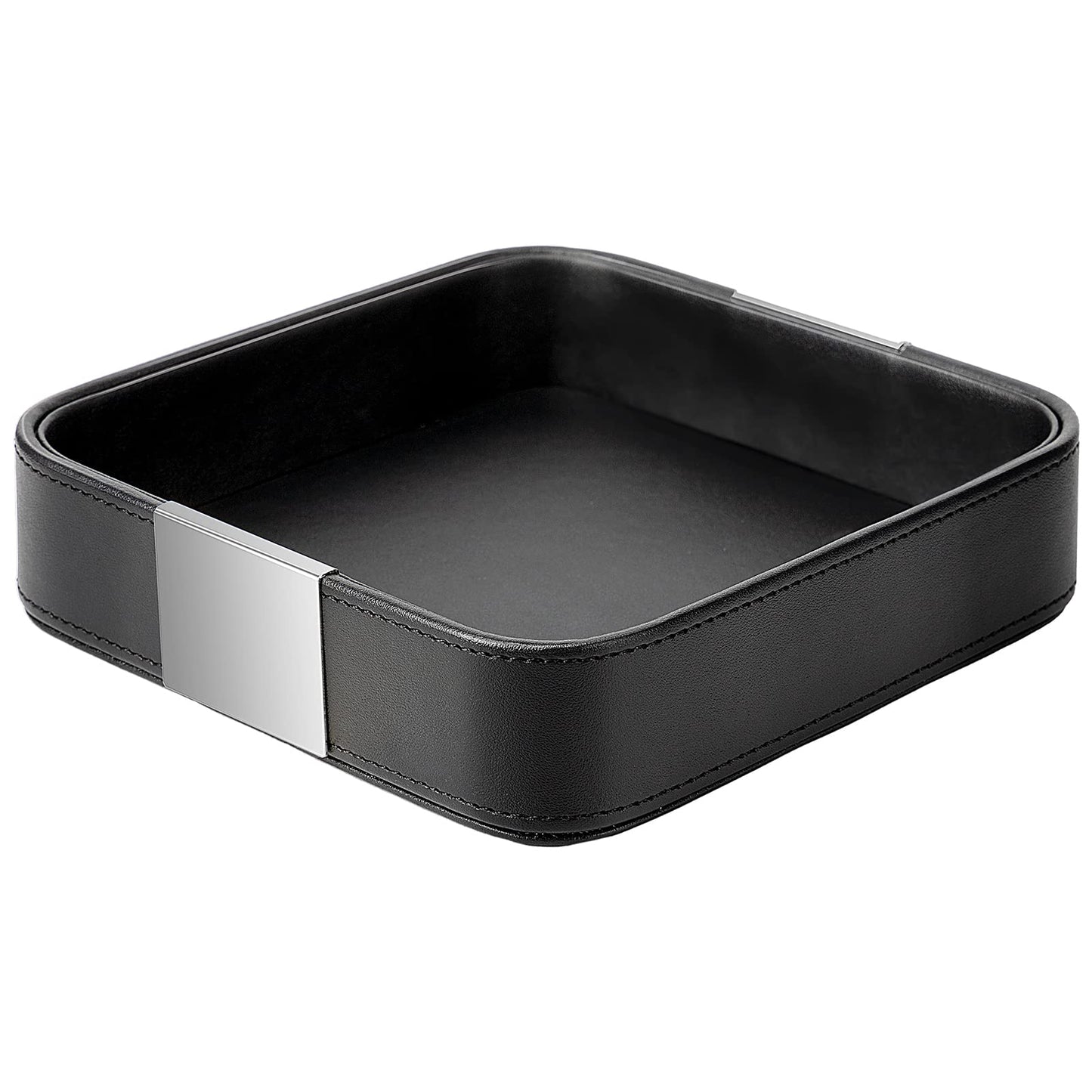 SANZIE Luxury Leather Desktop Storage Small Catchall Organizer Decorative Tray for Entryway Table to Hold Jewelry Watch Cosmetics Keys Phone Wallet, Home & Office Accessories (Metal Silvered, Black)