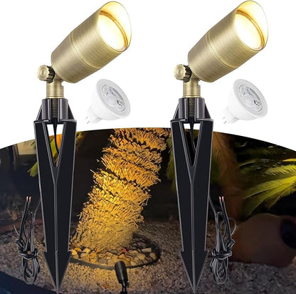 Low Voltage Brass Landscape Lights, Solid Outdoor Spotlights with Replaceable MR16 LED Bulb 5W, 2700K Warm White, 12V 24V Landscape Lighting, Waterproof Design for Garden, Yard, Patio