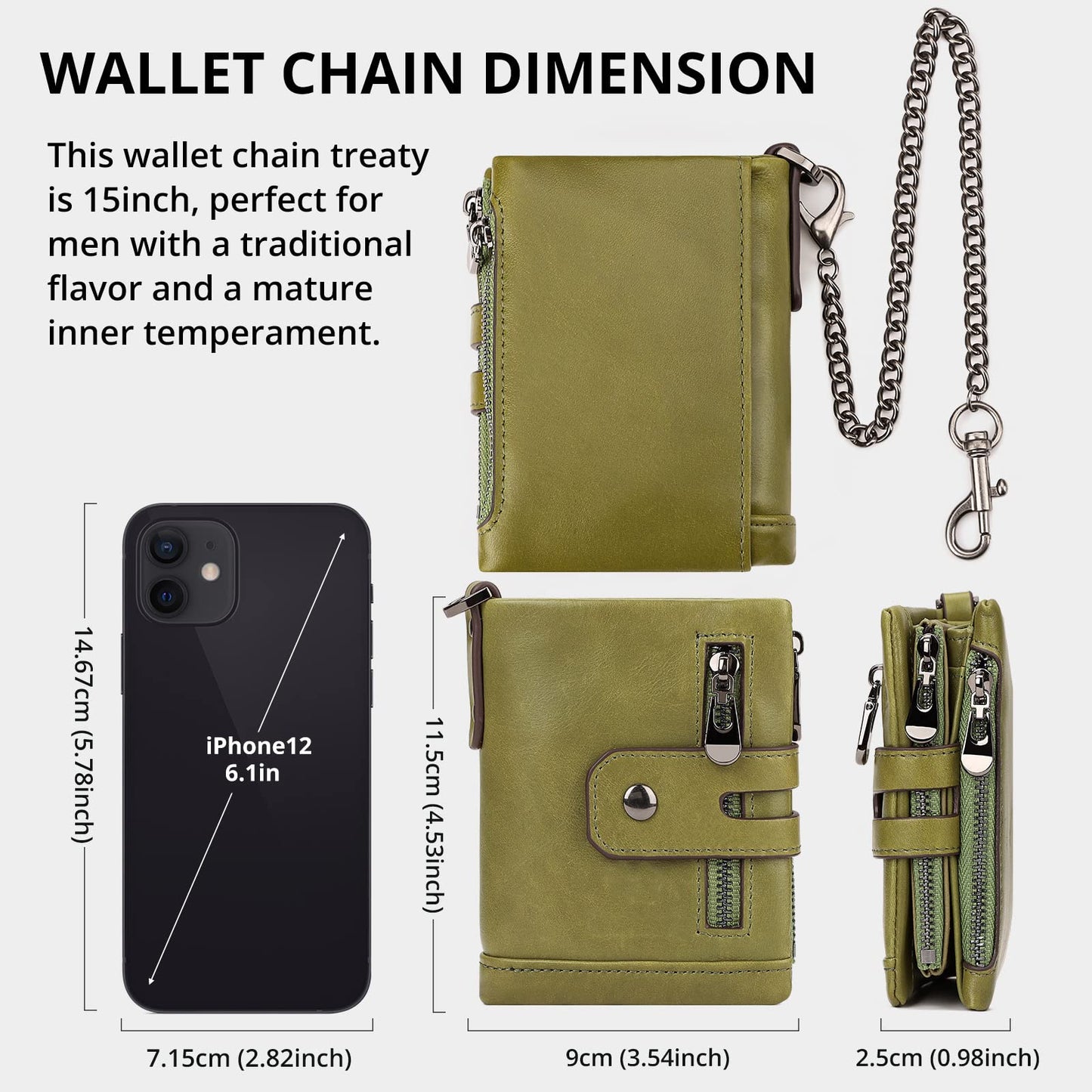 gzcz Men Wallets with Chain Genuine Leather Purse RFID Blocking Minimalist Bifold Wallet with Zipper Coin Pocket ID Window, Green