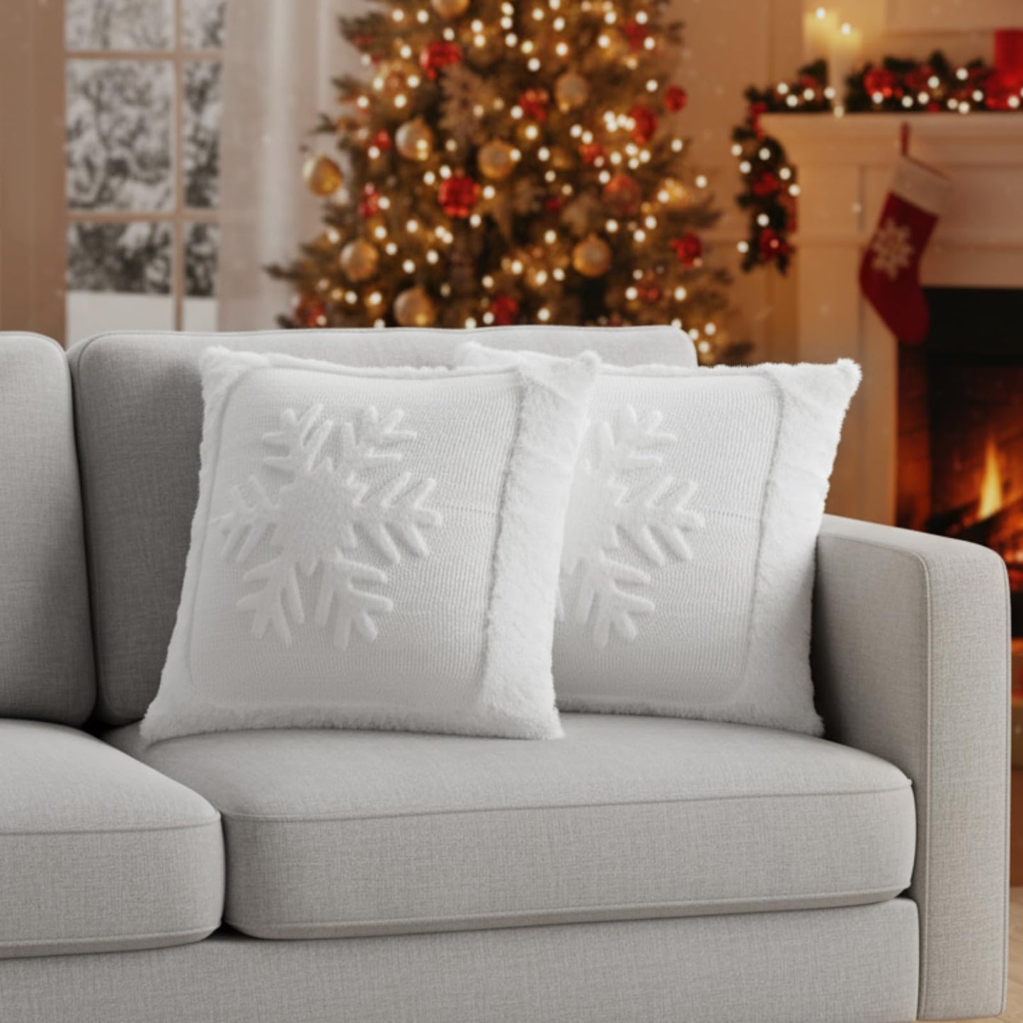 Newwiee Christmas Throw Pillow Covers 18x18 Inch Set of 2 Snowflake Pillow Cases Soft Plush Faux Fur Couch Cushion Case for Chair Sofa Bedroom Living Room Home Decor (White)