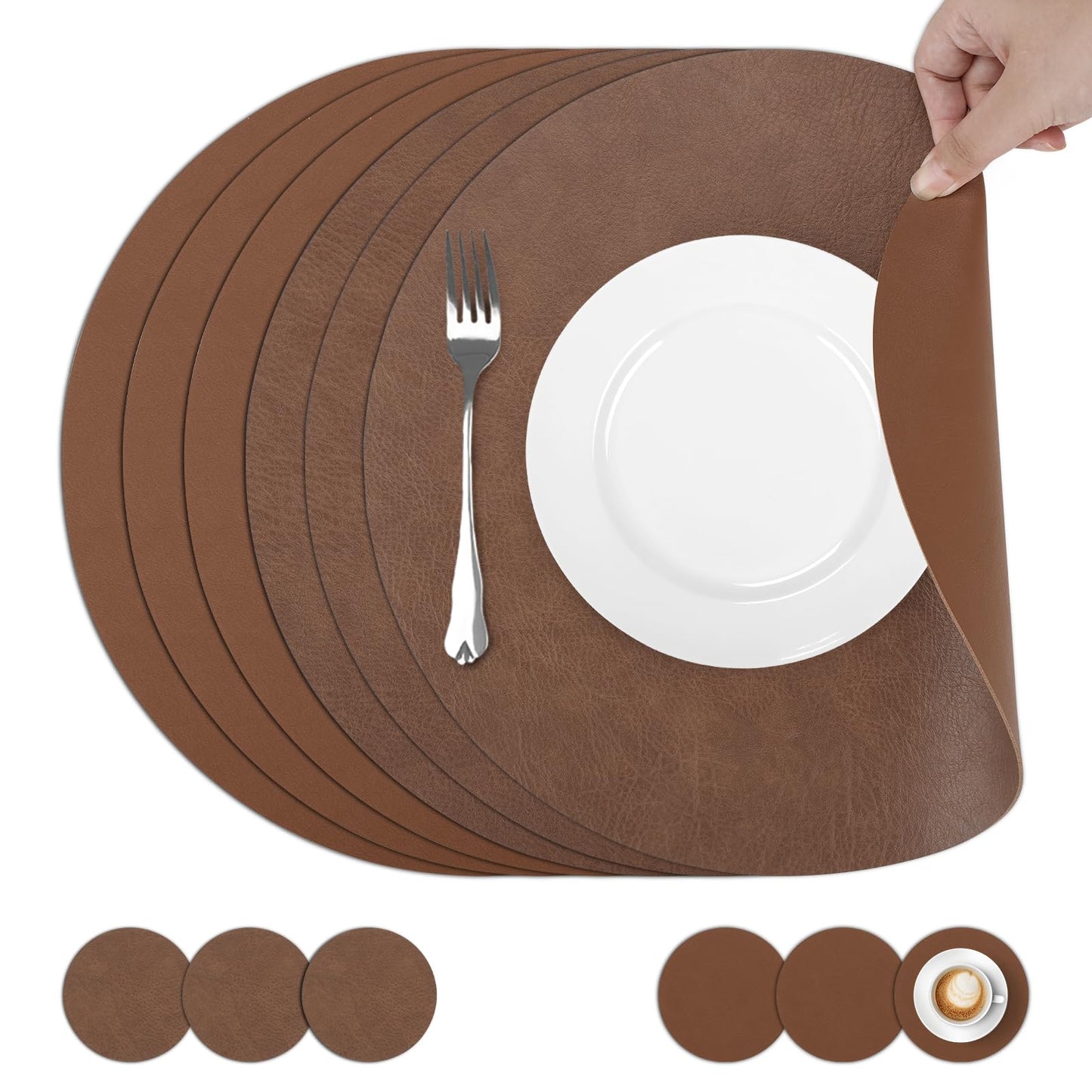 comfoyar Faux Leather Round Placemats with Coasters Set of 6, 13x13 Inch Non-Slip Heat Resistant Dual-Sided Brown Place Mats, Waterproof Table Mats for Kitchen Dining Party Table Decoration
