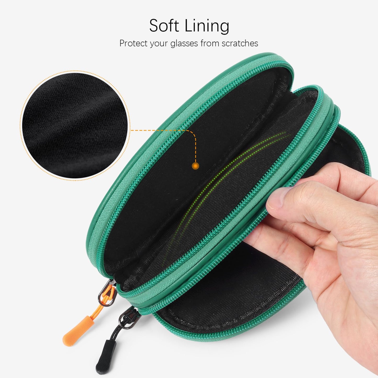 Tangoner Double Eyeglasses Case with Zipper – Faux Leather Soft Sunglasses Pouch, Portable Travel Glasses Holder with Keychain Clip for Men & Women (Green PU)