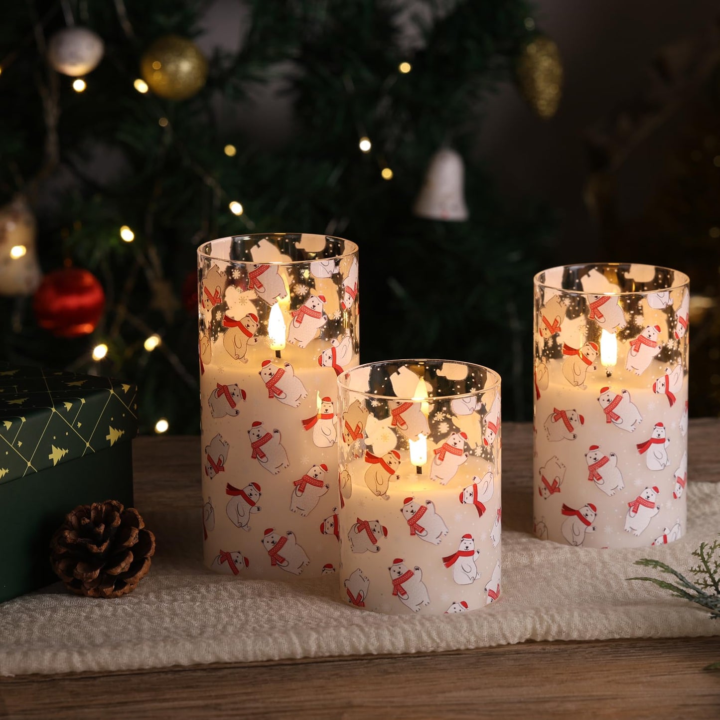 Eywamage Christmas Glass Flameless Pillar Candles with Remote, Flickering LED Battery Candles Bear Holiday Winter Table Decor Gift Set of 3
