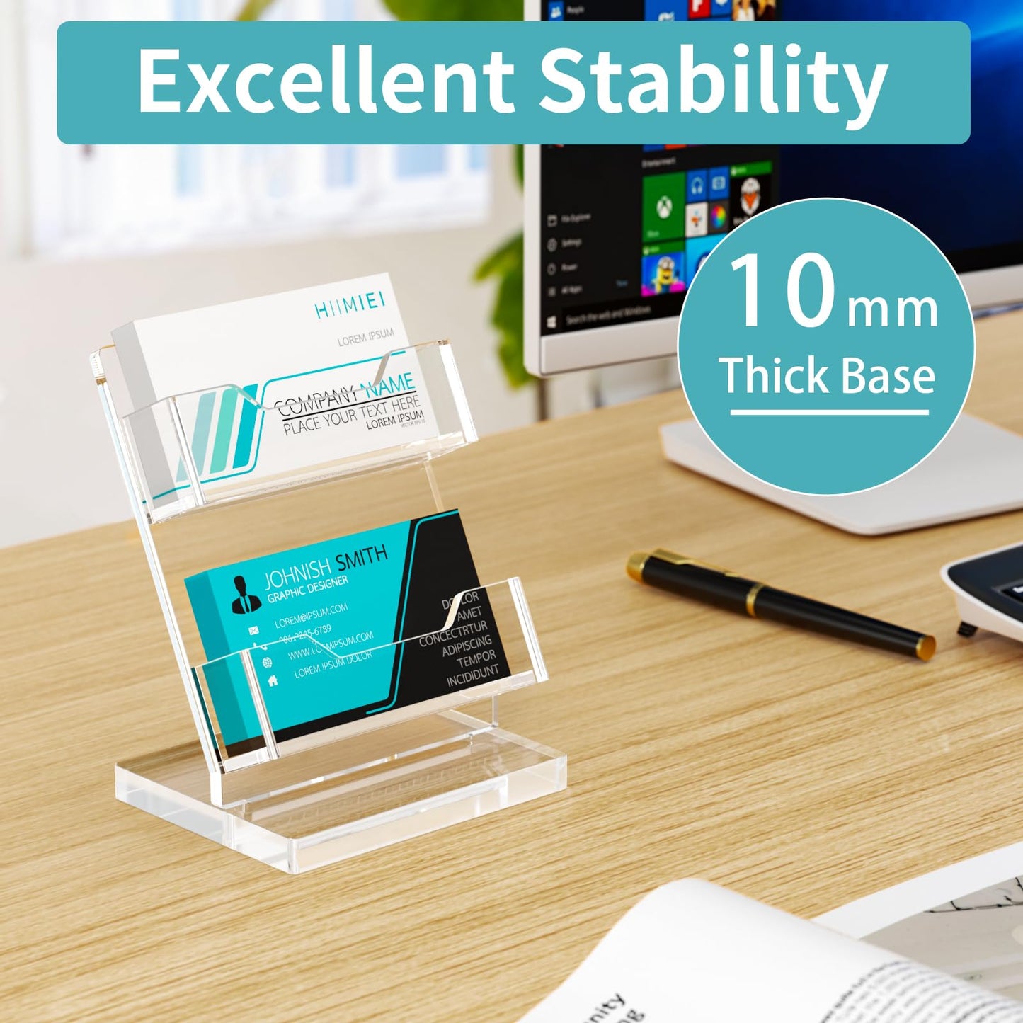 HIIMIEI Business Card Holder Desk, Acrylic Business Card Display, 2 Tier Clear Business Card Stand for Office, Exhibition, Meeting, Home, 120 Card Capacity
