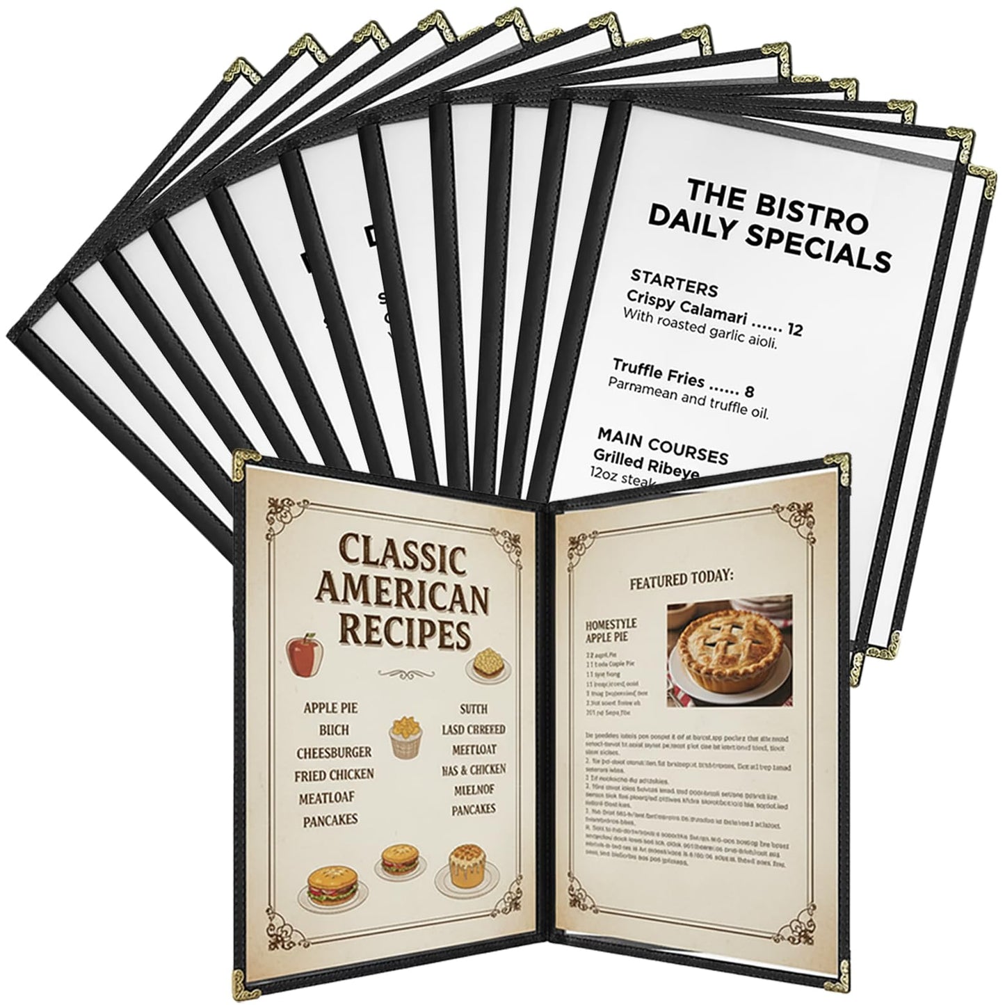 Restaurant Menu Covers 8.5 x 11 – Black Faux Leather Menu Holder with Gold Corners, 2 Pages 4 Views, Waterproof Menu Covers for Restaurants, Cafes & Bars