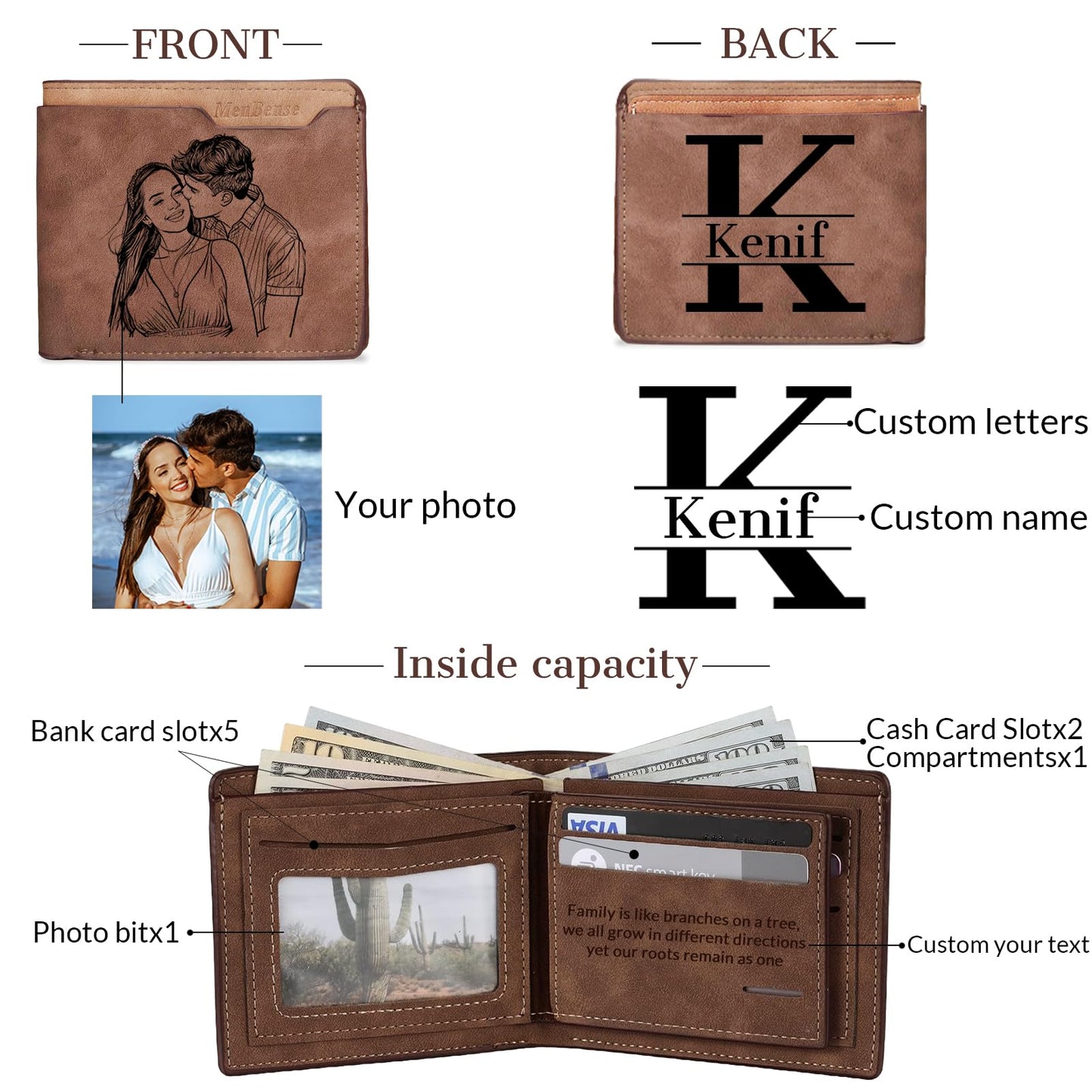 Cupike Custom Wallets for Men, Personalized Minimalist Leather Bifold Wallet Engraved with Name & Photo Initials, Customized Wallet Gifts for Fathers Boyfriend Son Husband