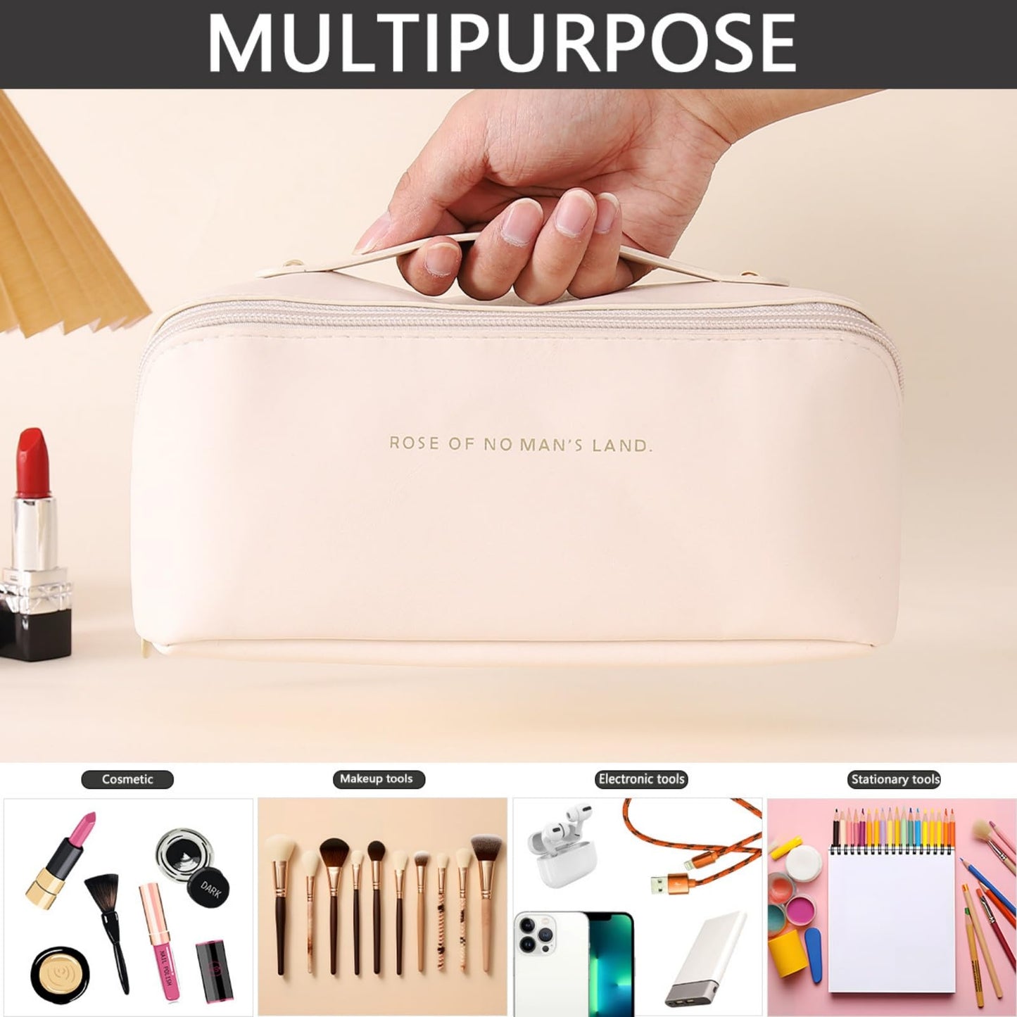 Shonchii Travel Makeup Bag, Large Capacity Cosmetic Bags for Women,Waterproof PU Leather Toiletry Bag,Open Flat Make Up Bag Organizer with Handle
