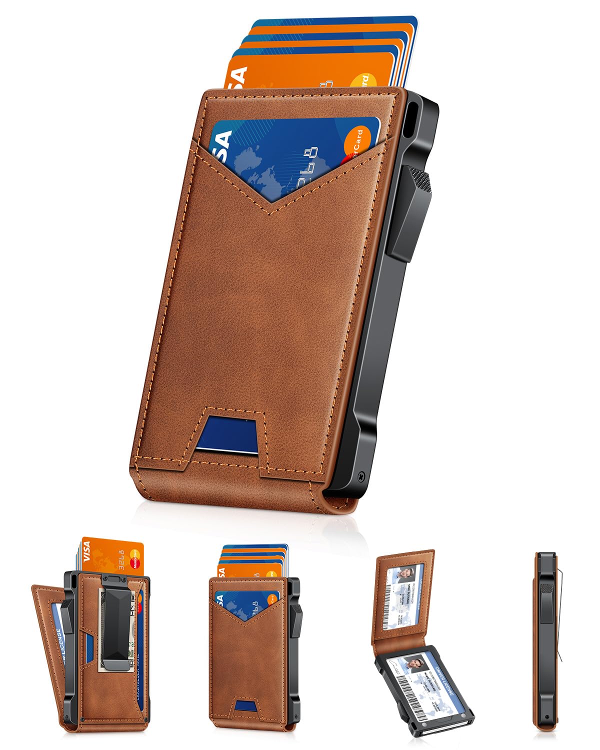 Wallet for Men RFID Wallet with 2 ID Windows & Money Clip, Slim Pop Up Card Holder for 10-12 Cards, Bifold Minimalist Smart Wallet for Front Pocket, Compact Metal Credit Card Holder, Gifts for Men