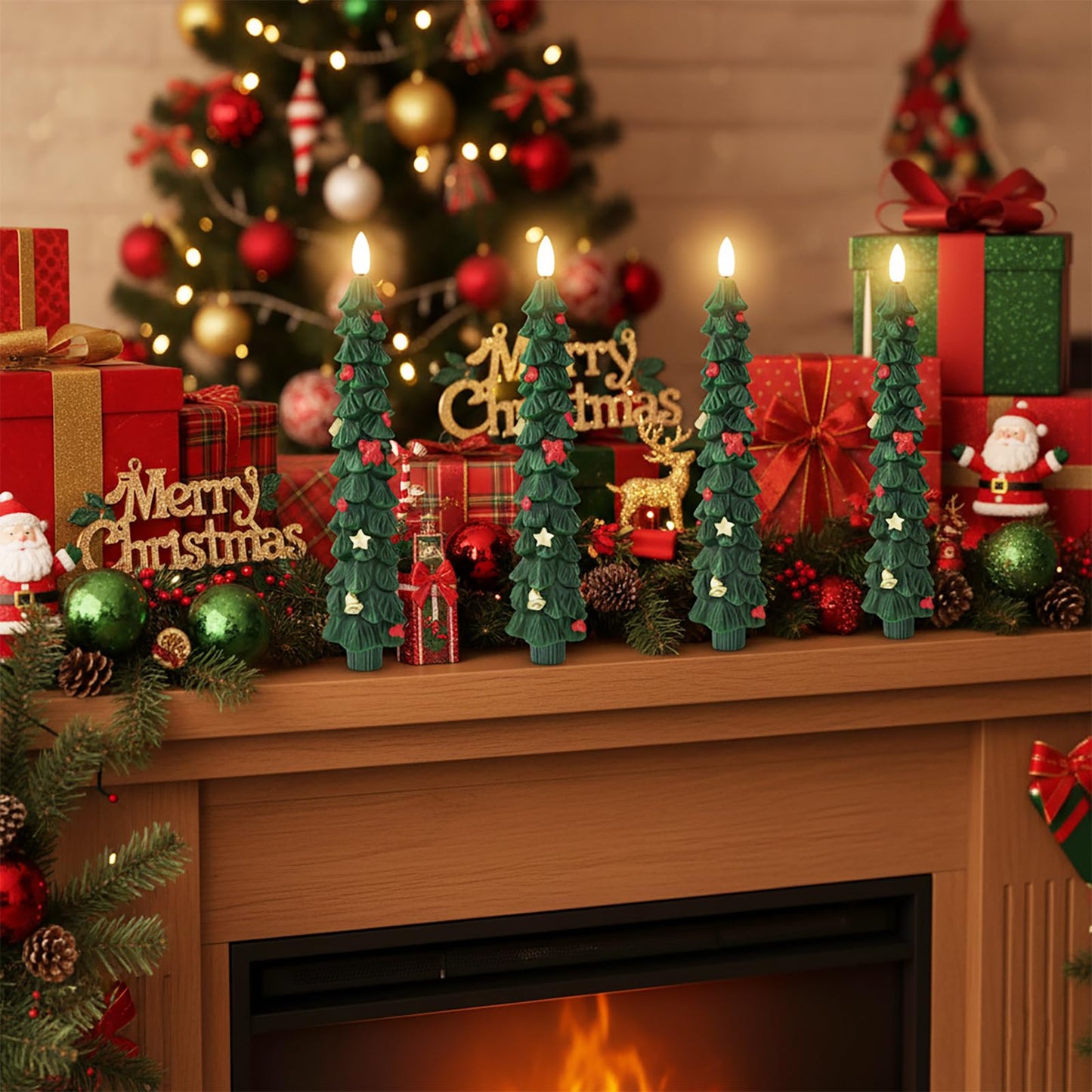 FYBW Christmas Tree Flameless Taper Candles with 10-Key Remote Timer,4 Pcs Green LED Taper Candles with 3D Flame for Holiday Dinner Decorations(Green-A)