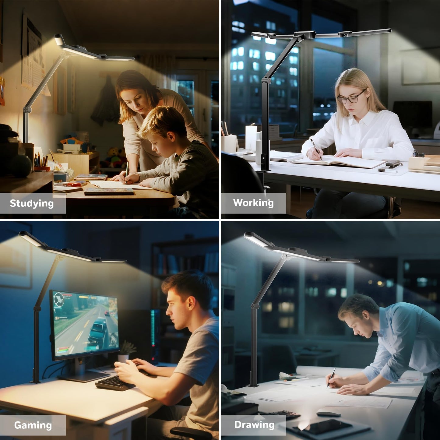 Honeywell Wide Desk Lamp with Clamp for Dual Monitors, 22W Full-Spectrum Eye-Caring LED Desk Lamp for Home Office, 3-Section Adjustable Architect Light for Large Desk, Stepless Dimming, 3000K-5700K
