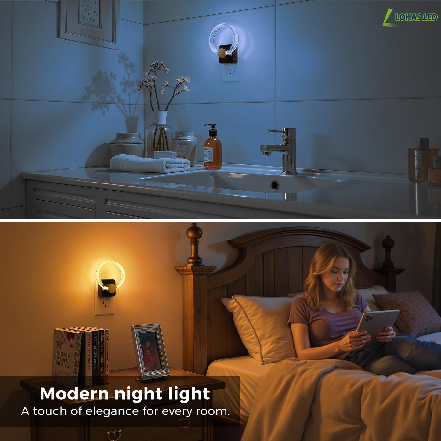 L LOHAS LED Night Lights Plug into Wall, Changing RGB Night Light with Dusk to Dawn Sensor, 180° Rotatable Acrylic Nightlight Plug in Wall for Halloween, Christmas, Holiday, Hallway[2 Pack]