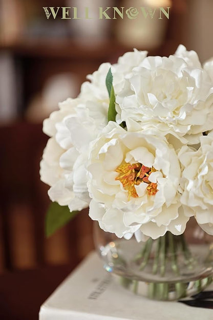 WELL KNOWN Artificial Flowers in Vase, Peonies Artificial Flowers for vase with Faux Water for Coffee Table Decor, Silk Fake Flower Arrangements Peonies Table Centerpieces (White)