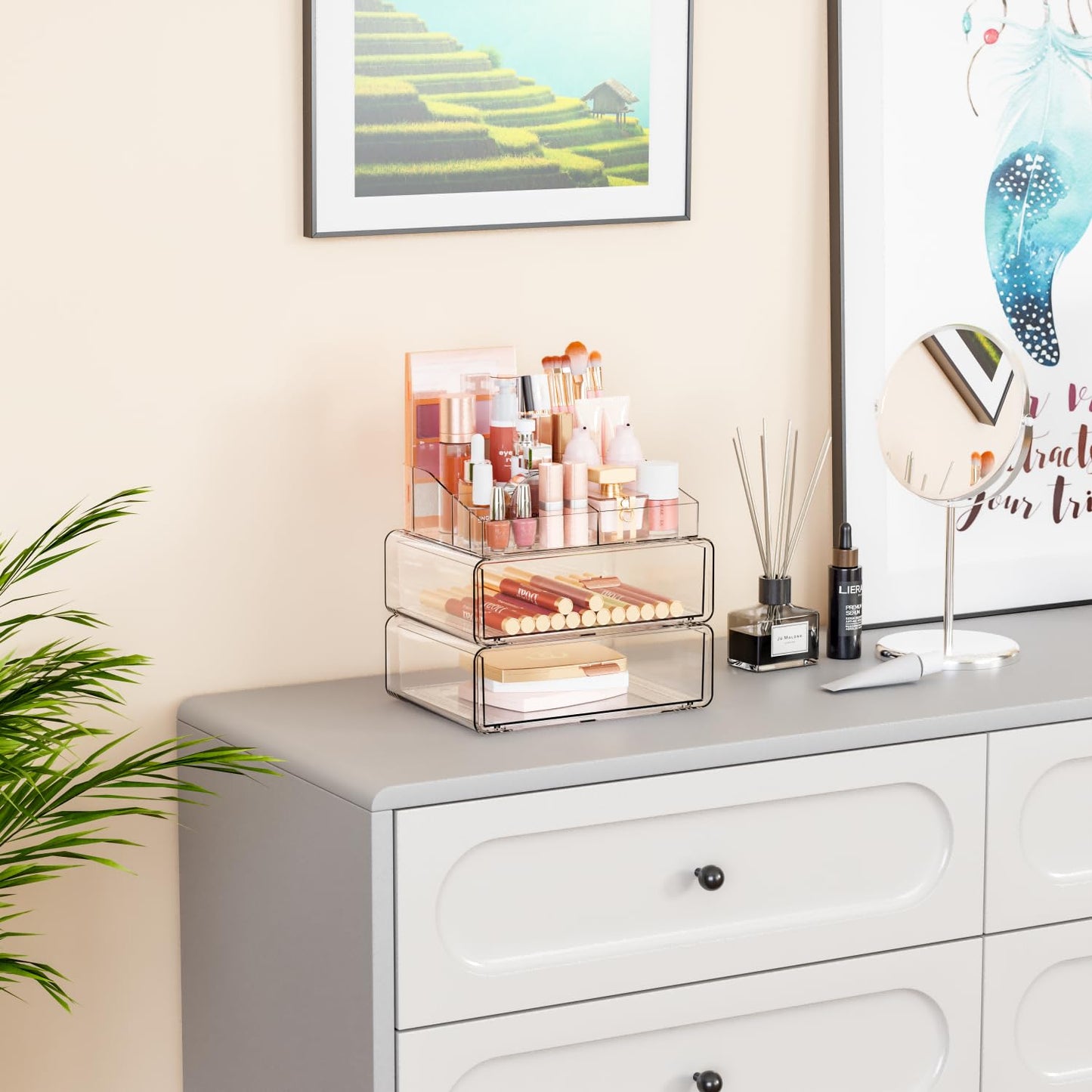 Yieach Clear Acrylic Makeup Organizers Countertop for Dresser,Desk,Bathroom Vanity,3 Tier Stackable Make up Holders and Makeup Cabinet,Tiered Cosmetic Storage and Make up Containers for Palette,Brush
