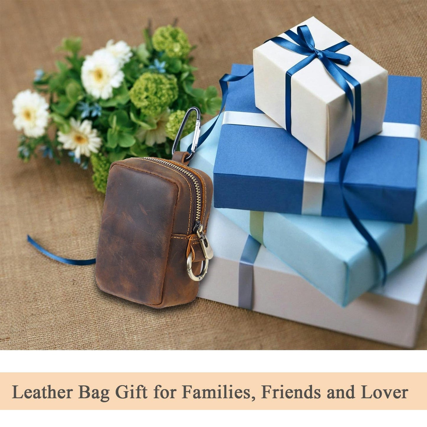 RRBMMH Crazy Horse Leather Coin Purse Retro Zipper Wallet Genuine Leather Coin Pouch for Men Small Leather Change Purse with Key Ring for Travel