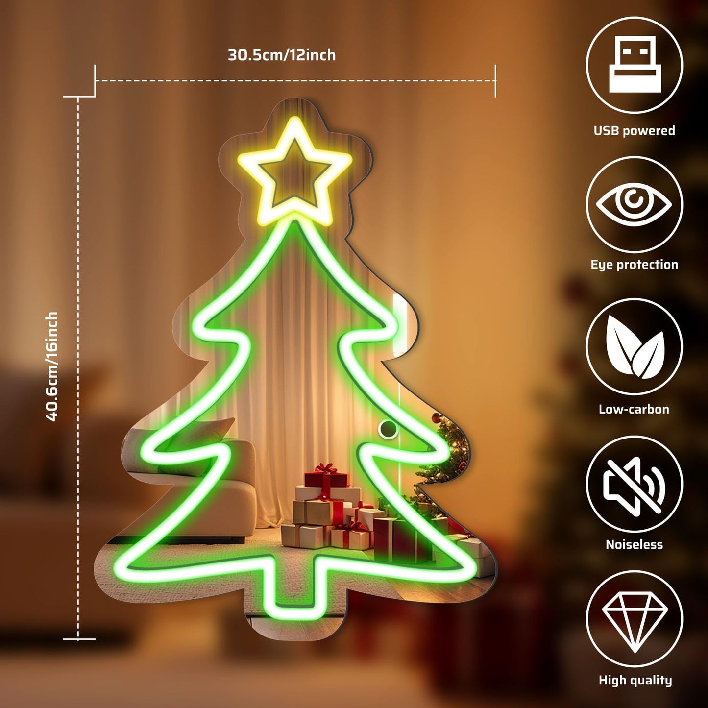 16 x 12’’ Christmas Tree Mirror Neon Sign LED, USB Powered Acrylic Neon Wall Decor, Perfect for Holiday Decorations, Christmas Parties, and Winter Home Decor