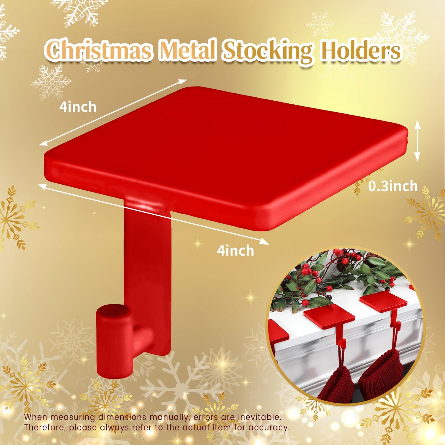 Joyyy Christmas Stocking Holders for Mantle Set of 4 Heavy-Duty Cast Iron Xmas Stocking Hangers Hooks for Mantel with Protective Pad for Fireplace Home Shelf (Red)