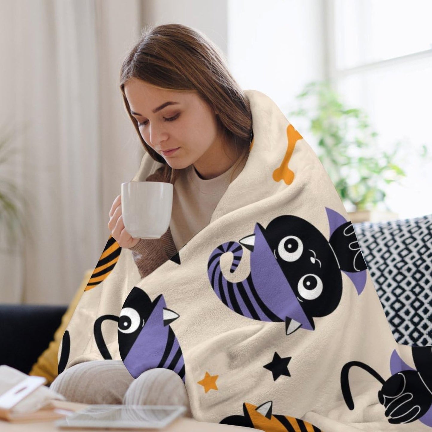 All Saints' Day Printed Blanket Super Soft Flannel Fleece Cozy Blankets for Bed,Sofa,Couch,Gifts for Women Men,Camping and Travel Warm Fuzzy Blanket for All Season (Cat, 50" x60)