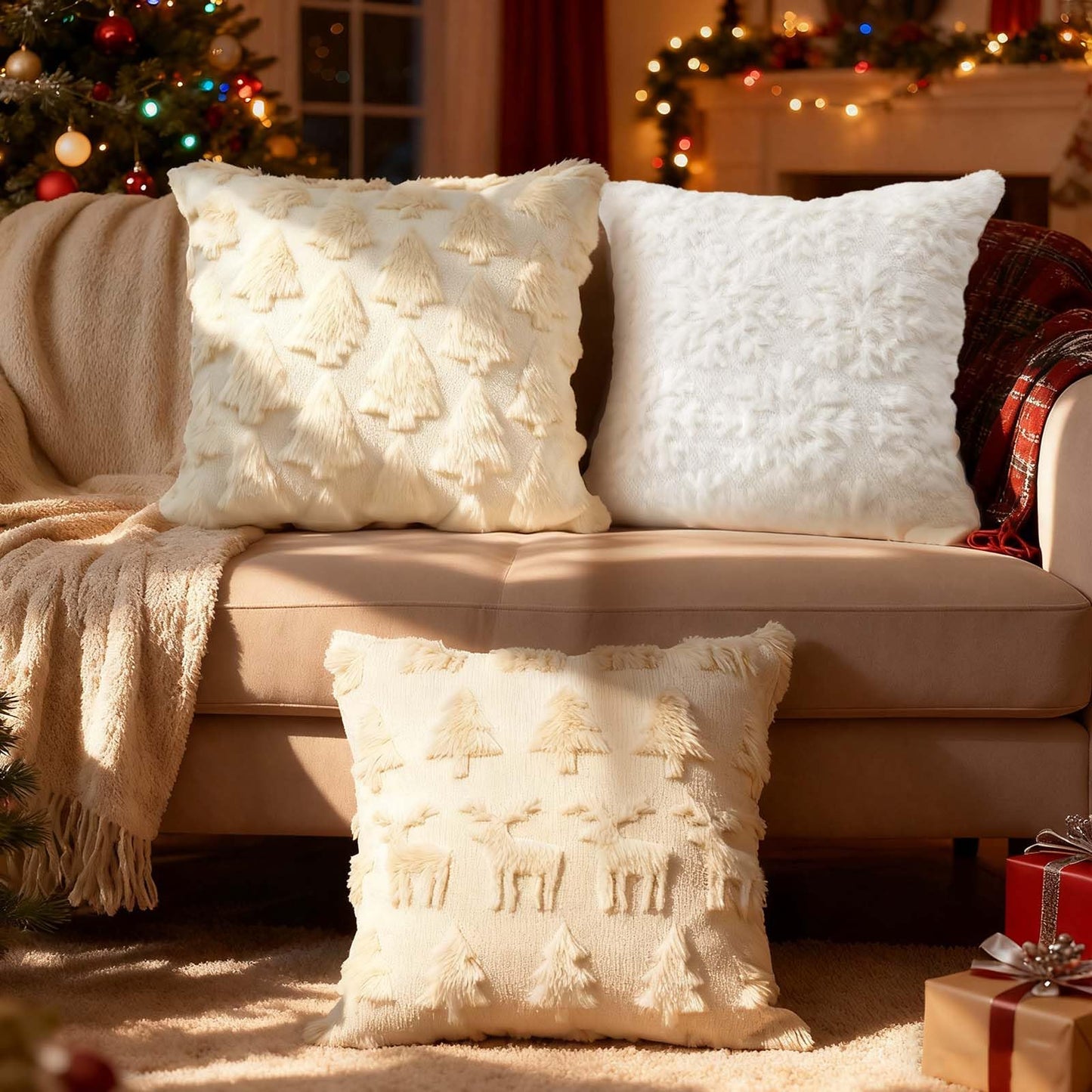 ONFAON Christmas Decorations - Christmas Tree Elk Deer Pillow Cover 18x18 Inches Set of 2, Xmas Soft Plush Short Wool Velvet Decorative Winter Holiday Farmhouse Outdoor Cushion Cases for Sofa Couch
