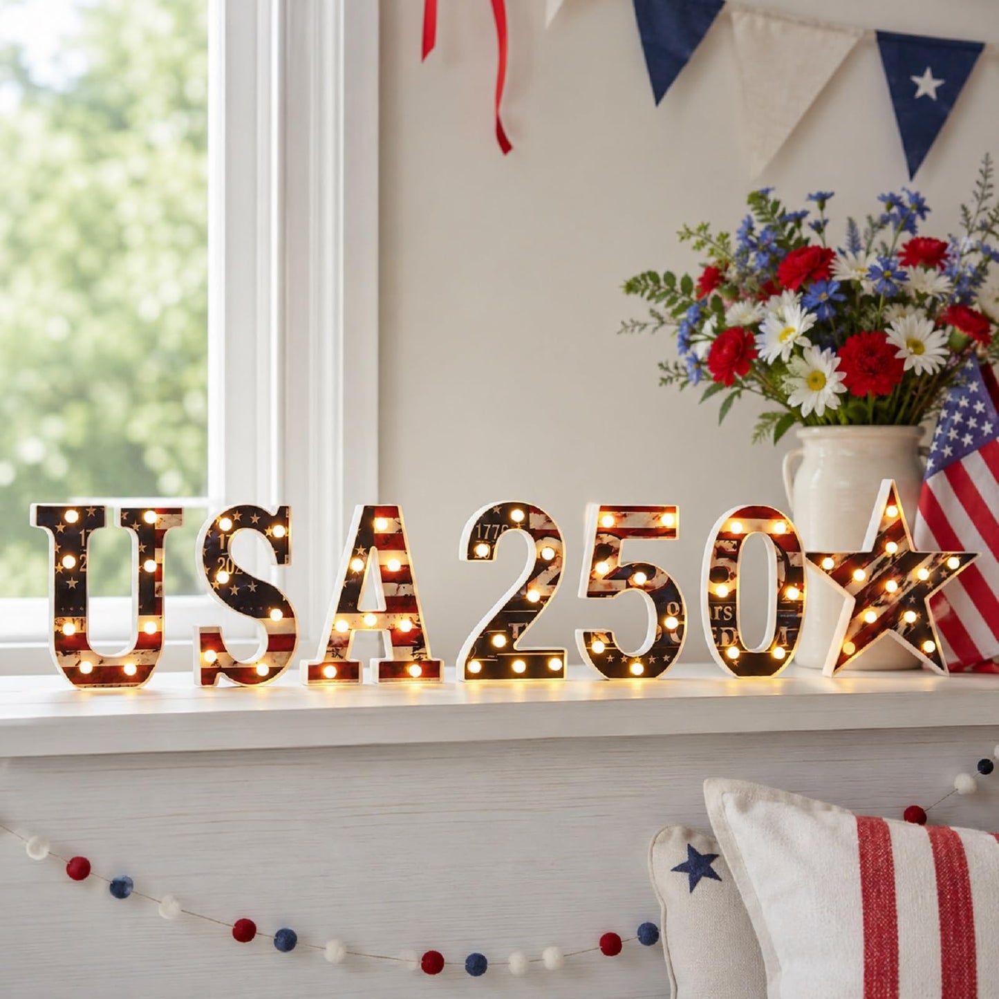 7 Pcs 8.5" USA 250th Anniversary Light Up Marquee Letters Sign, 1776–2026 American Flag Large LED Letters, Patriotic 4th of July Independence Day Decorations for Home Decor, Table Centerpiece & Party