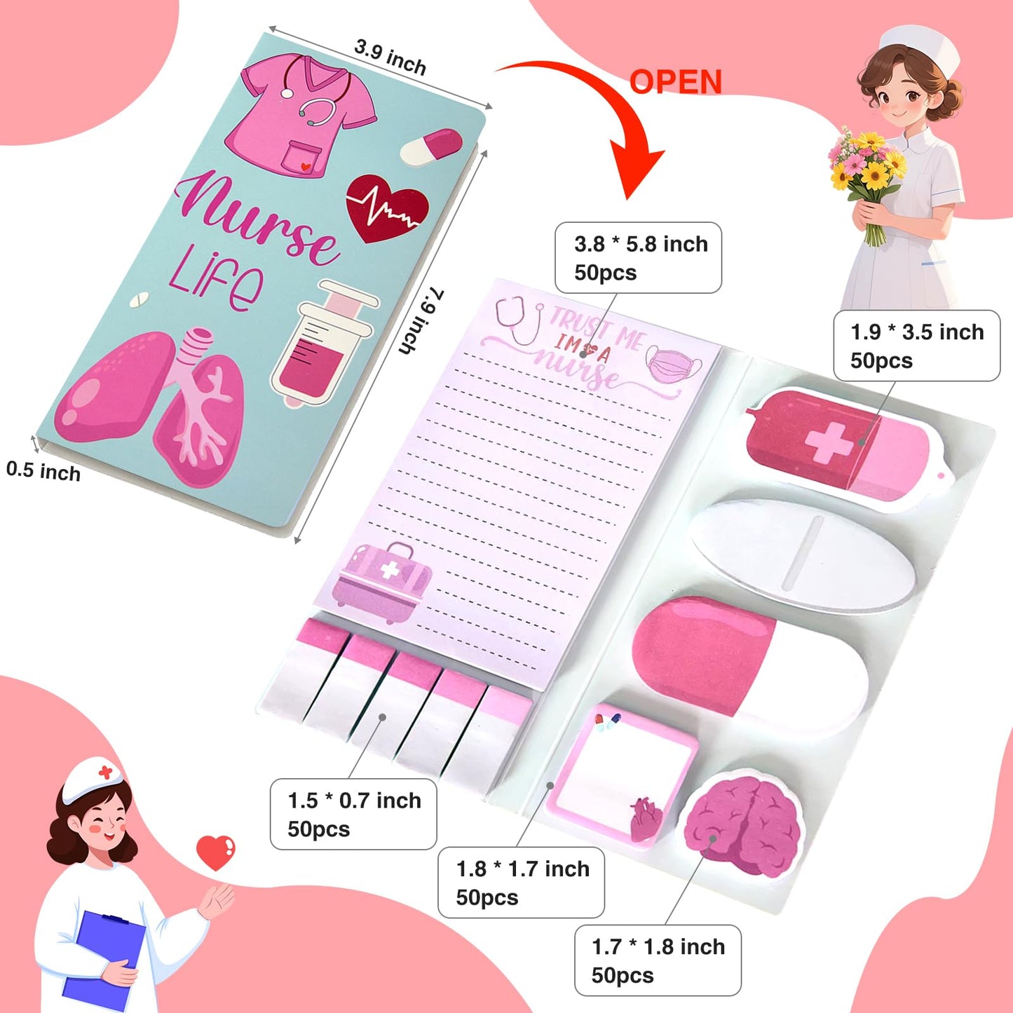 6 Pcs Nurse Week Gifts 2026 Pens Sticky Notes A5 Spiral Notebooks Makeup Bag Pencil Pouch for Nurse, Nurse Appreciation Day Christmas Birthday Gifts, School & Office Supplies for Nurse (Nurse)