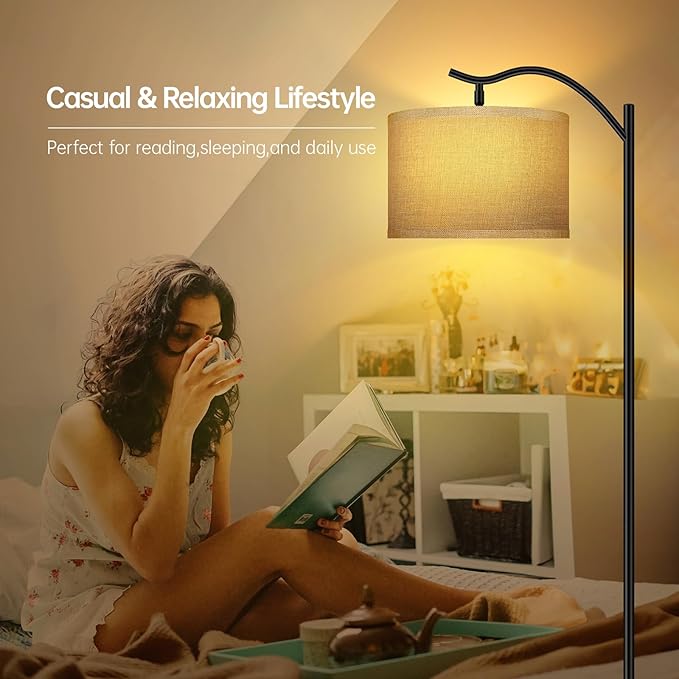 BoostArea Floor Lamp for Living Room,9W LED Arched Lamp,Tall Modern Standing with Fabric Linen Shade,3 Brightness Levels,E26 Socket,Footswitch,Mid Century Bedrooms,Office B1316