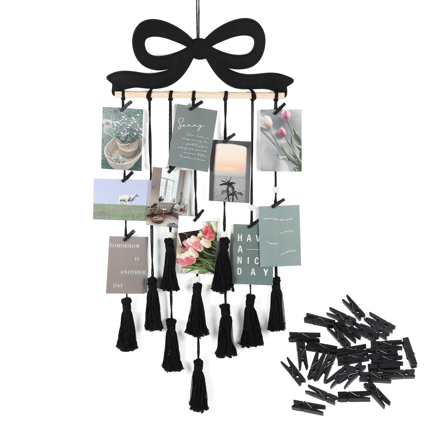 Fiwochic Black Bow Hanging Photo Display Wall Decor Black Macrame Wall Hanging Coquette Picture Frame Collage Holder with 30 Clips for Room Bedroom Graduation Wedding Christmas Coquette Party Decor