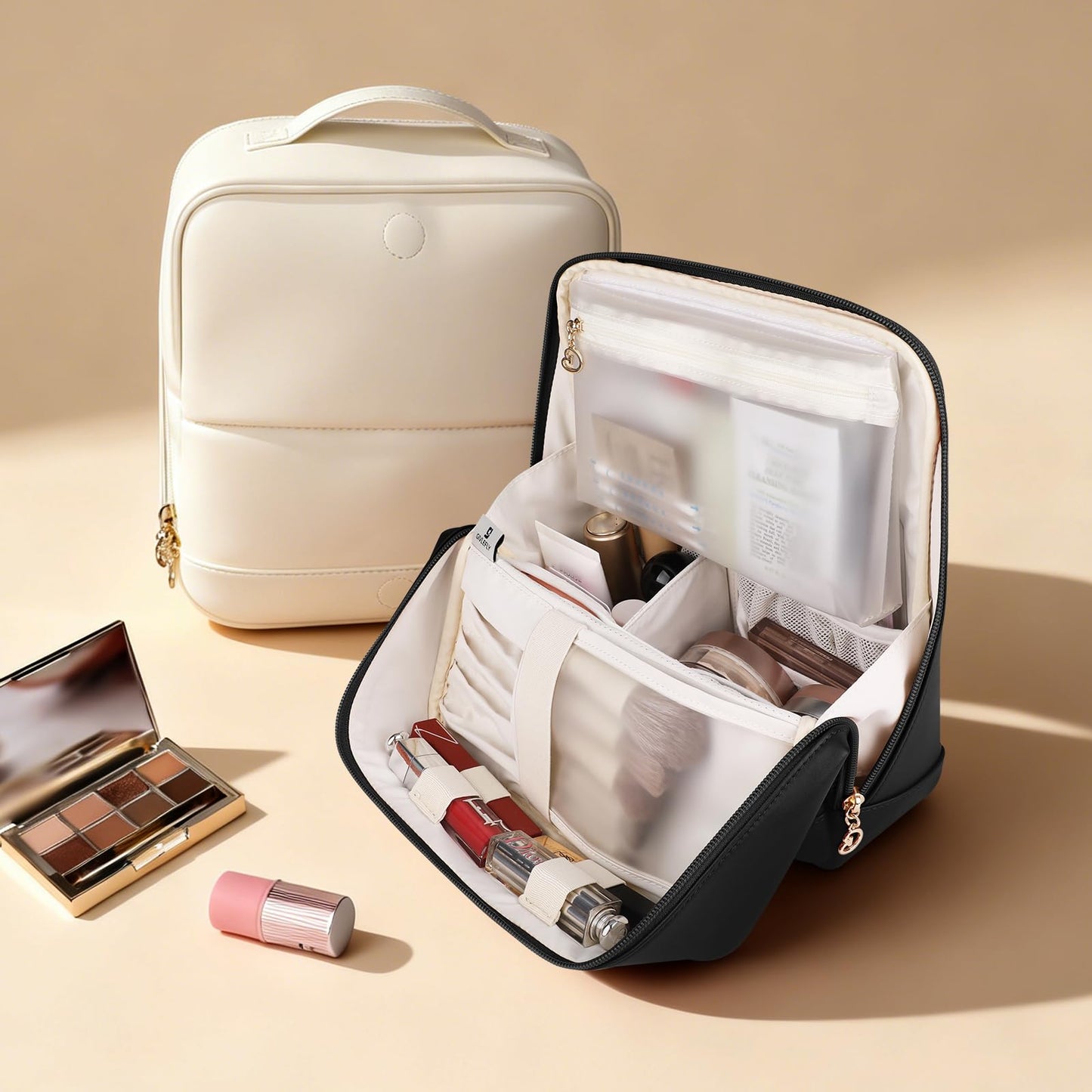 GIVLEFLY Travel Makeup Bag for Women, Large Capacity Cosmetic Bag Organizer with Handle, Waterproof Makeup Case with Brush Compartment and Divider for Toiletries & Skincare