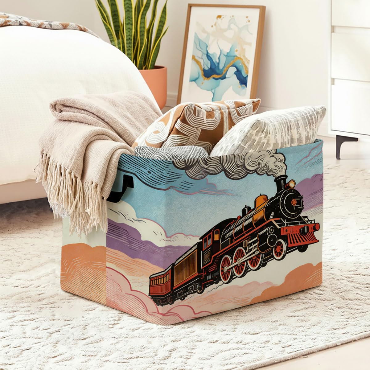 Train Laundry Hamper with Handles,Large 56L Foldable Square Clothes Basket Multi‑Use Blanket Storage Bins for Organizing Books,Toys,Gifts,Room Decoration,Laundry Room,Dorm Nursery