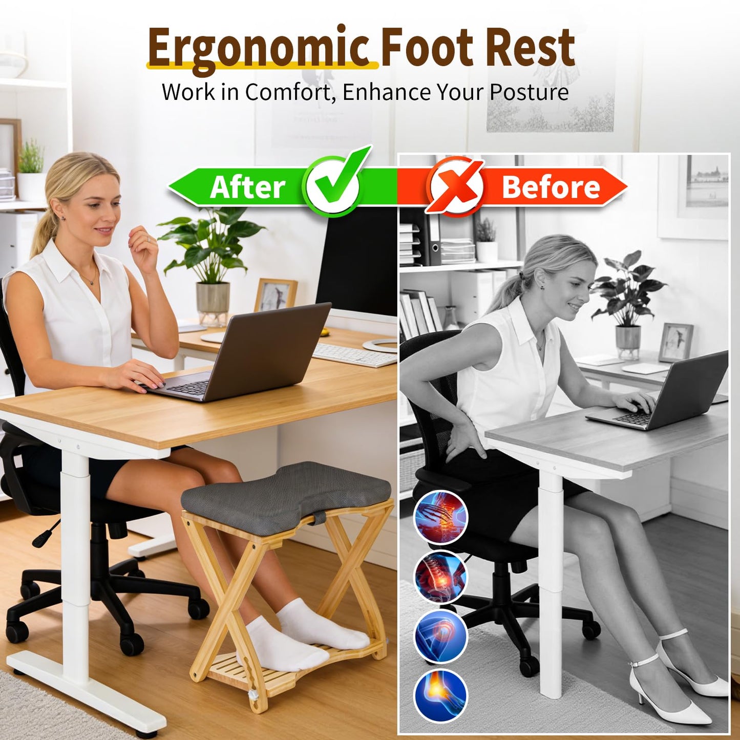 Double Step Foot Rest Under Desk at Work, Bamboo Foot Stool with 6 Adjustable Heights, Ergonomic Under Desk Footrest with Cushion for Home, Office & Gaming (Natural Color)