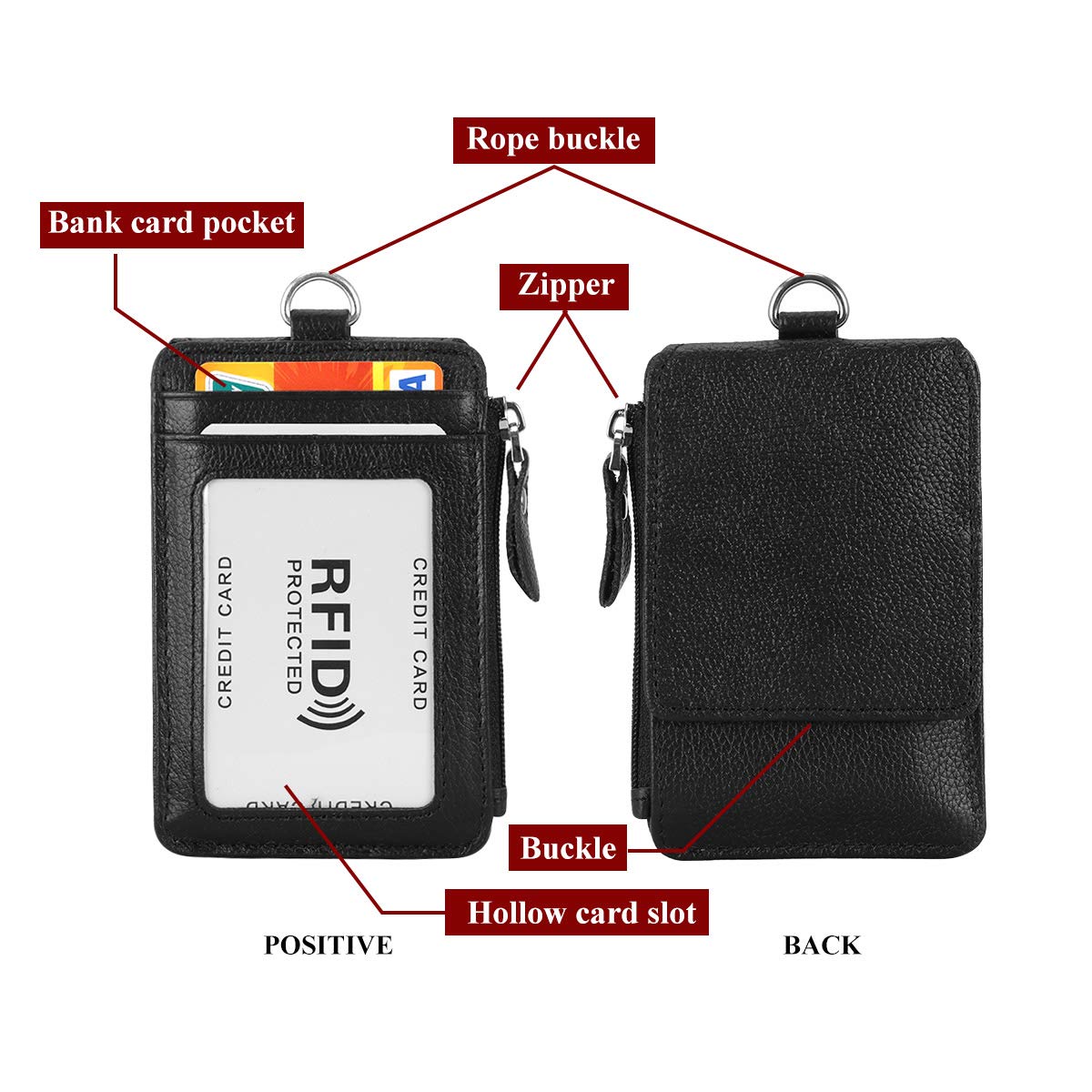 HAWEE Badge Holder with Zipper Genuine Leather RFID Keychain Wallet Neck Lanyards with Swivel Hook for Card/Coin/Cash, Black