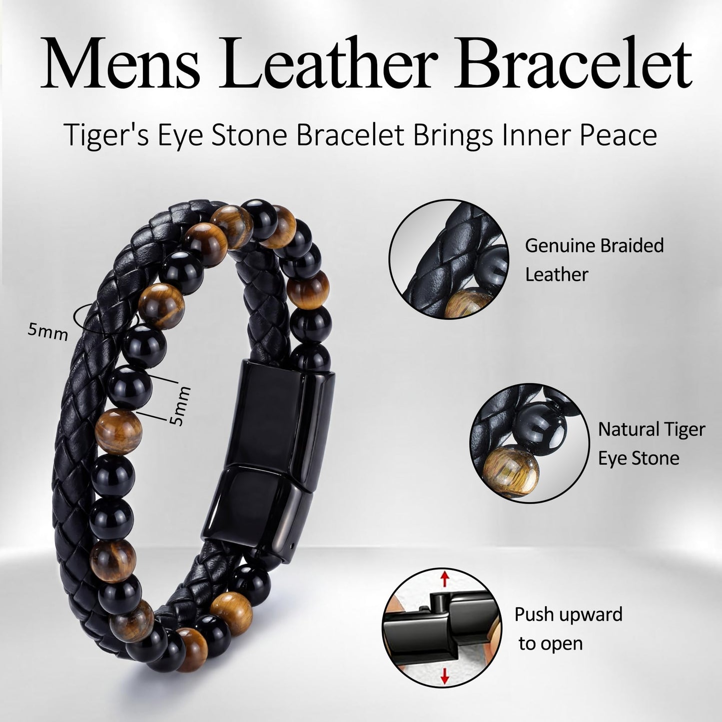 RANKEEF Mens Leather Bracelet - Tiger Eye Mens Beaded Bracelets to My Man Pulseras Para Hombres Leather Beaded Bracelets for Men
