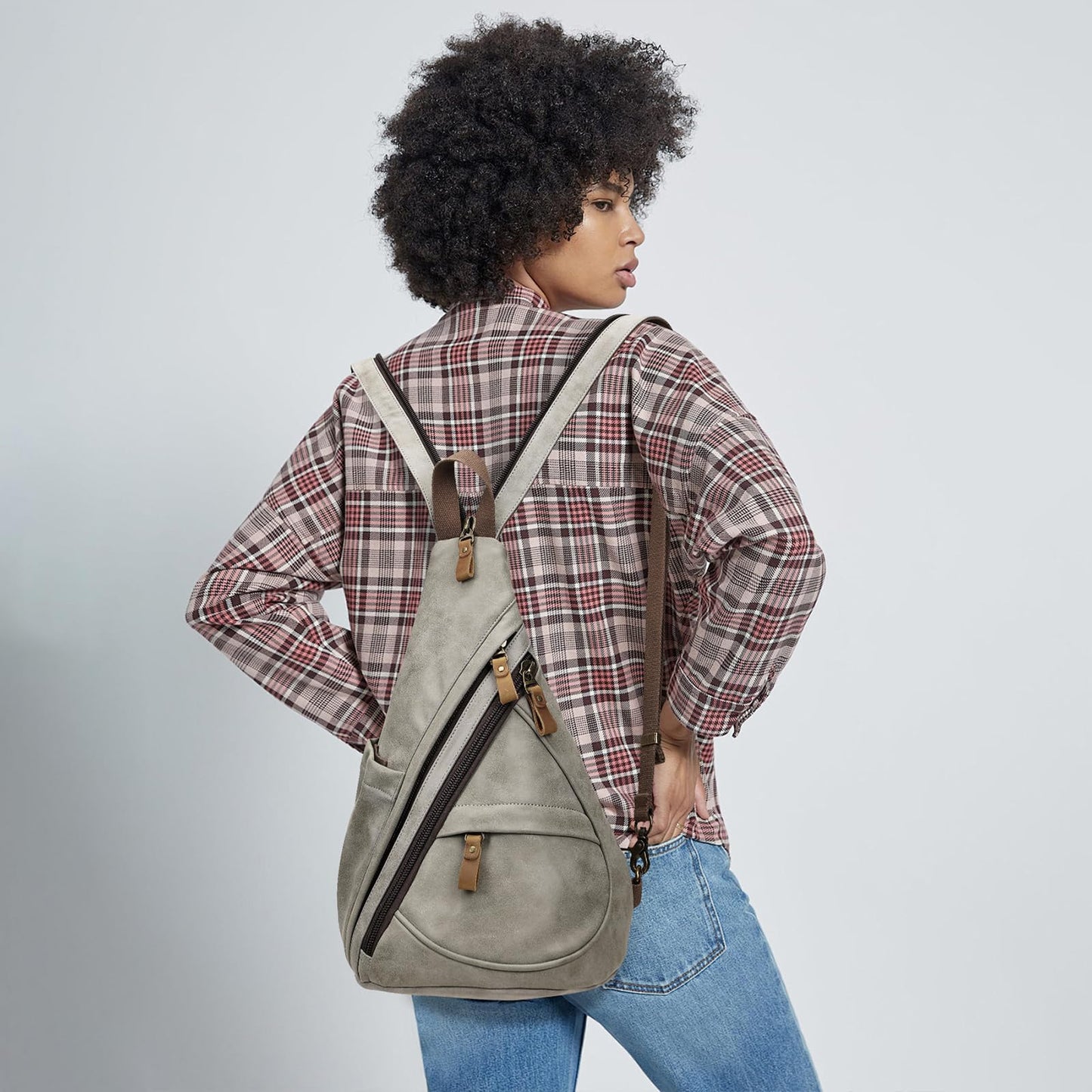 KL928 PU Leather Sling Bag - Small Crossbody Backpack Shoulder Casual Daypack Rucksack for Men Women(Leaden)
