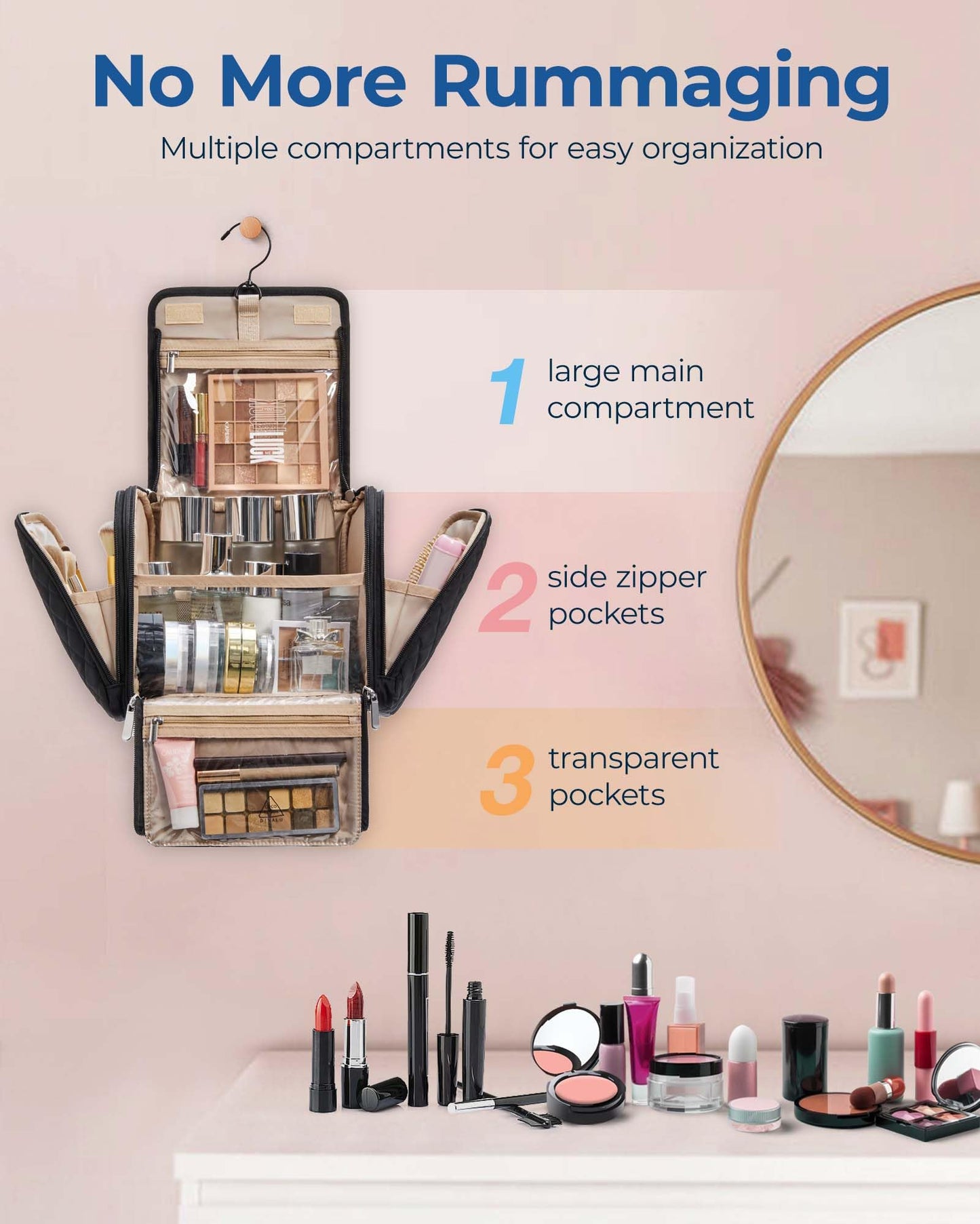 BAGSMART Makeup Bag for Women with Hanging Hook, Large Portable Capacity Water-resistant Organizer Travel Case for Toiletries and Cosmetics, Brown