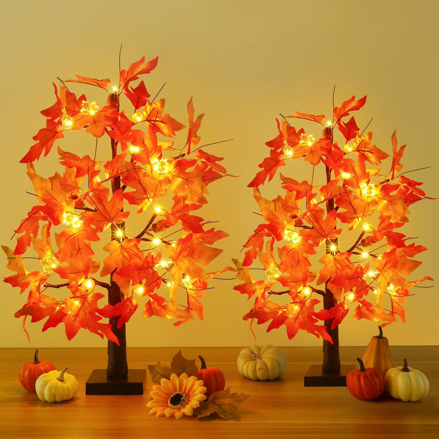 Joyhalo 2 Pack 23.5 Inch Fall Trees with Lights, Timer Battery Operated Fall Light Up Tree for Thanksgiving Autumn Home Office Room Indoor Decorations, Faux Fall Lighted Maple Trees Decor