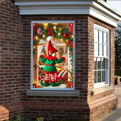 Tomhong Christmas Elf Window Banner 31x47 Inch Holiday Decoration Snowy Scene with Garland and Lights for Indoor Outdoor Home Wall or Window Display Cozy Christmas Decor