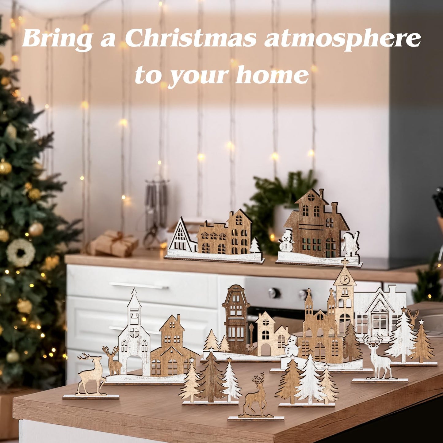 AceOrbit 12 Pcs Christmas Rustic Table Decor Xmas Trees and Elk Farmhouse Tiered Tray Decor Wooden Tabletop Centerpieces Sign Gifts for Fireplace Home Office Christmas Birthday Party Supplies