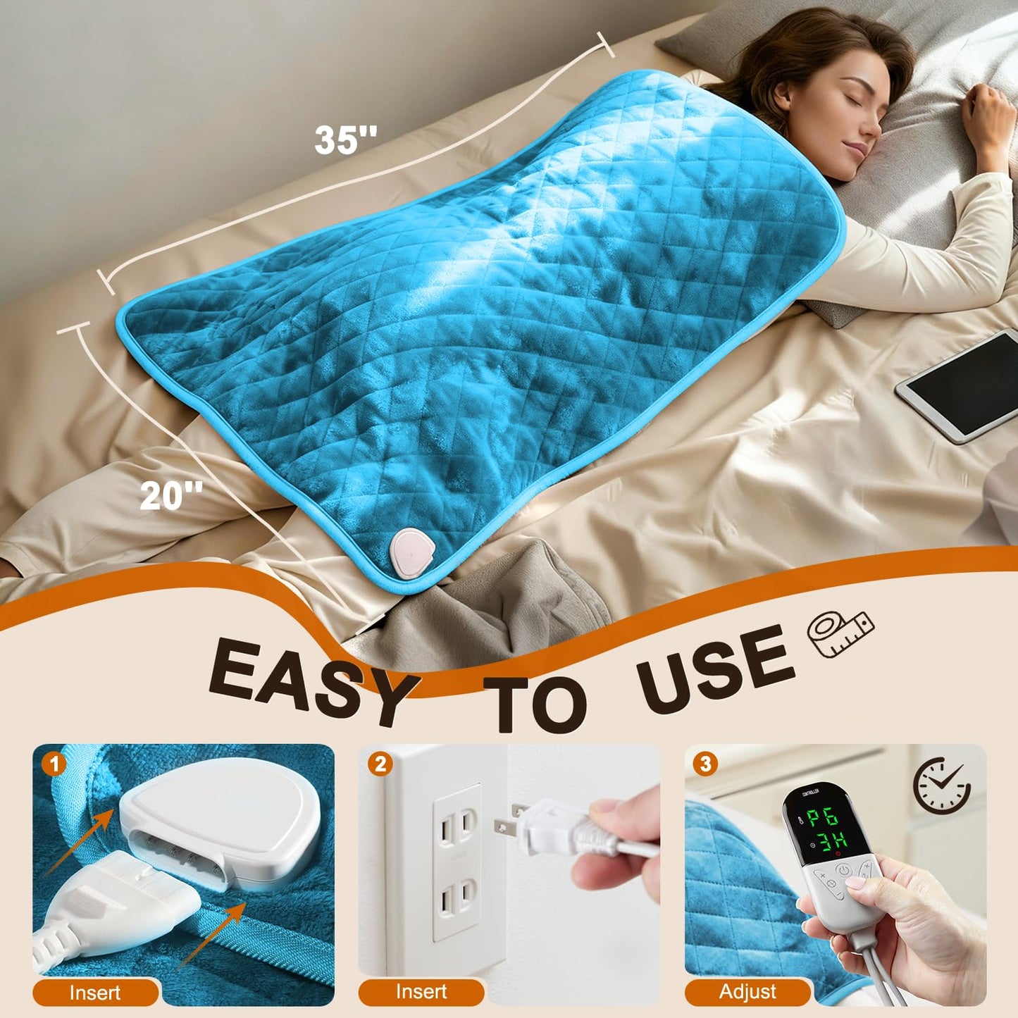 Electric Heating Pad for Period Cramps - 35"x20" XL Large Heated Pads for Back, Neck, Shoulder & Legs Pain Relief, Moist Heat Option, Machine Washable, 6 Heat Settings, Auto Shut Off, Soft Velvet