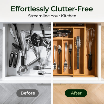 Carbonized Bamboo Kitchen Drawer Organizer, 8 Slots Silverware Organizer, Utensil Holder & Cutlery Tray, 2.2" Deep for Extra Capacity, Non-Slip Feet Included