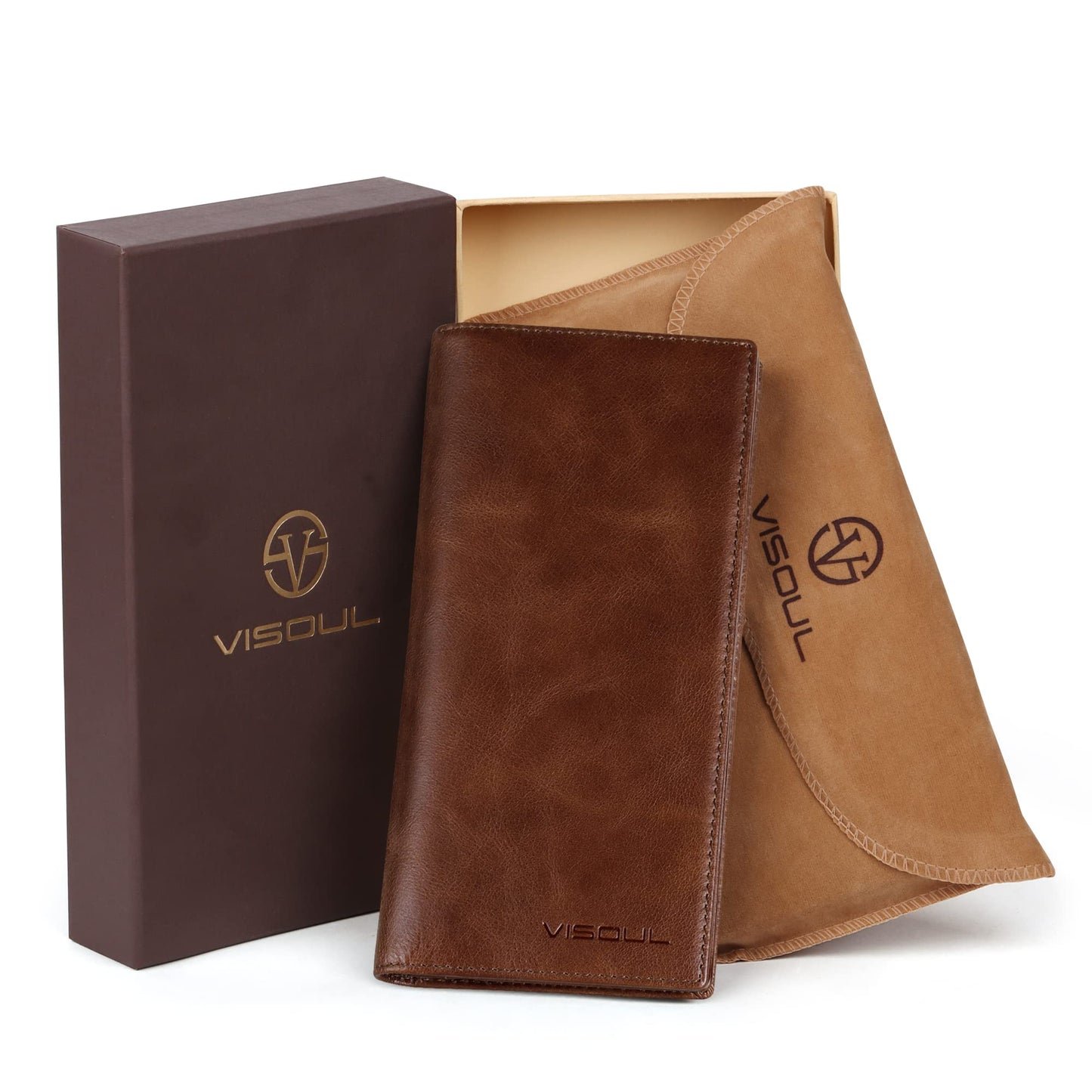 VISOUL Leather Checkbook Cover Wallet for Men with RFID Blocking, Mens Long Bifold Cash Tall Wallet with 11 Credit Card Slots 1 ID Window (Brown)