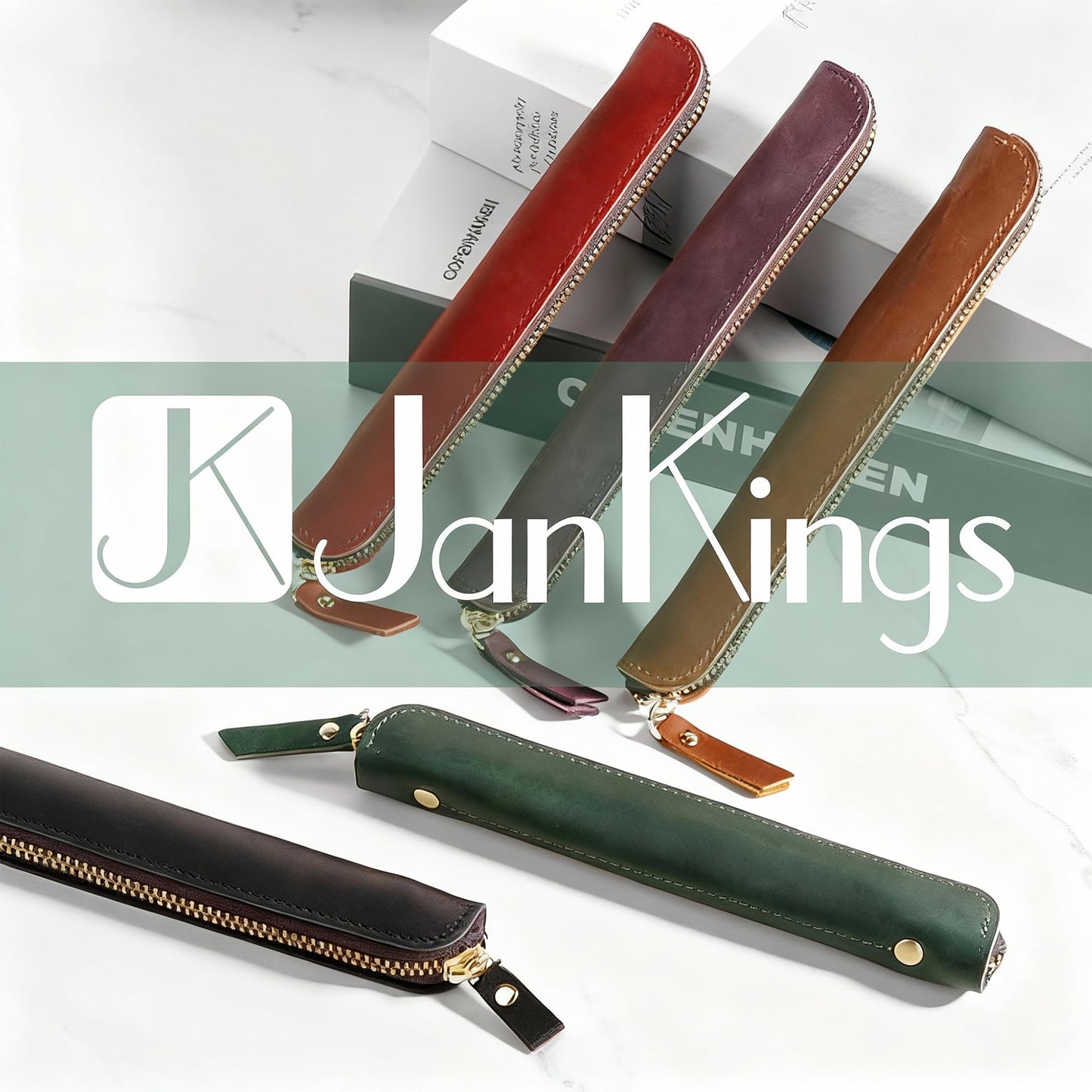 JANKINGS Crazy Horse Leather Zipper Pen Pouch Handmade, Single Pen Case Fountain Pen Sleeve Holder Pouch Cover Vintage, Mini Pencil Bag (Green)