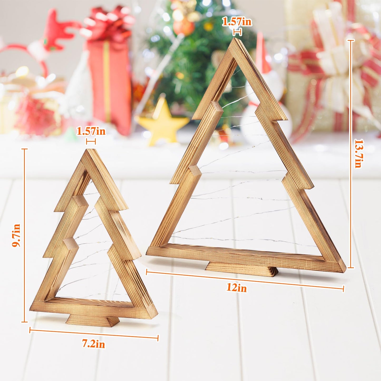 HOMIEE Wooden Christmas Tree 2PCS Handmade Tabletop Decor with Light for Farmhouse Home Kitchen Table Mantle Shelf Holiday Indoor Party Decor