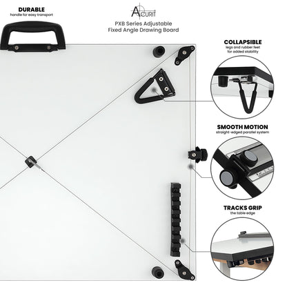 Acurit PXB 16” x 21” Drawing Board for Artists and Designers - Portable Workspace for Drawing, Sketching, Drafting, Painting - Fixed Angled Laminated Surface with Ruler and Parallel Motion Bar
