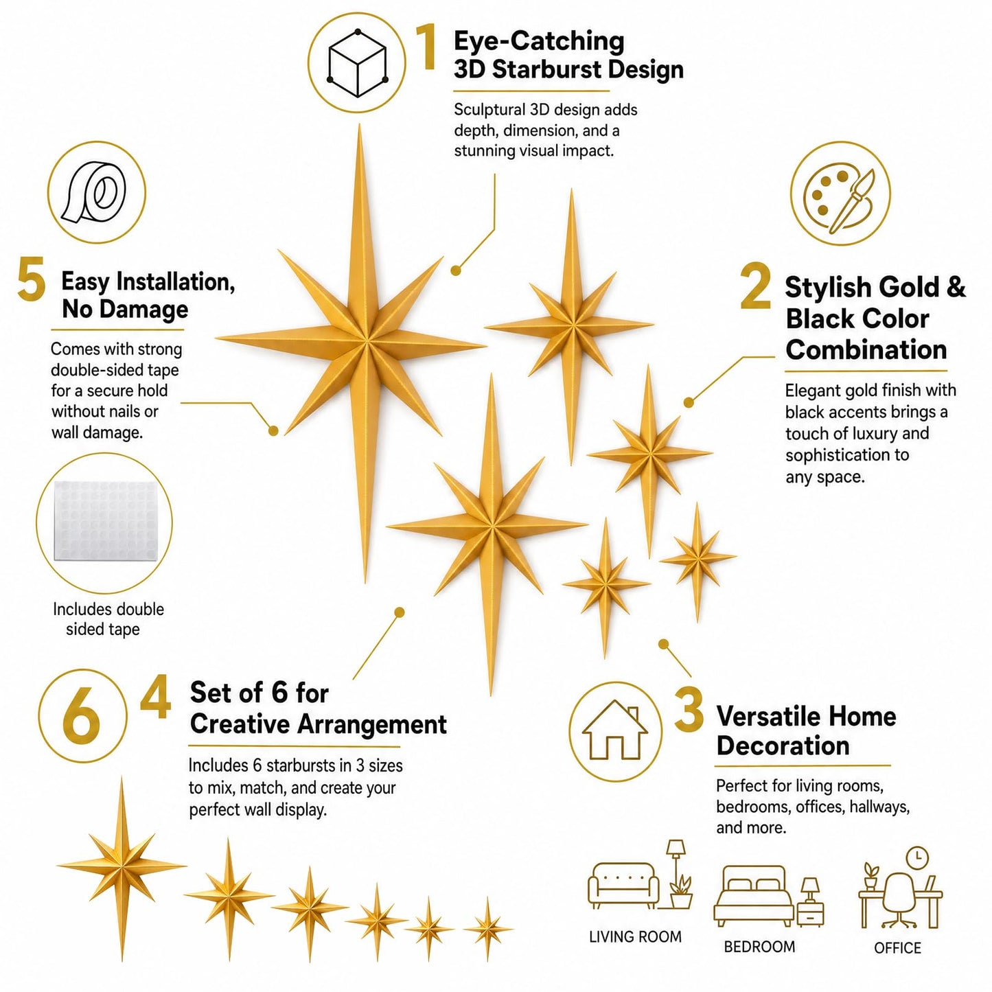 Shudyear 6 Pack Starburst Wall Decor Set, 3D Retro Mid Century Modern Star Wall Art, Gold/Black Plastic Celestial Wall Sculptures for Living Room, Bedroom, Apartment Decor (Gold)