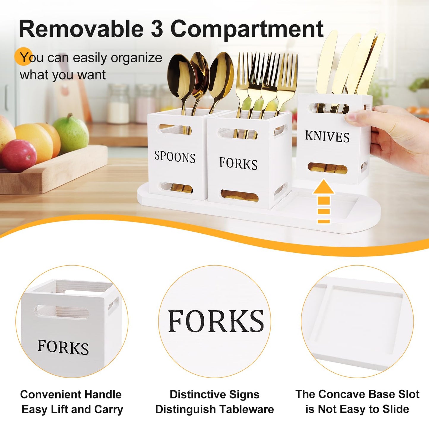 Ayiaren Wooden Flatware Silverware Caddy for Party White Cutlery Holder Small Utensil Holders for Kitchen Counter Wood Silverware Organizer Countertop Knife Fork and Spoon Holder Table Utensil Caddy
