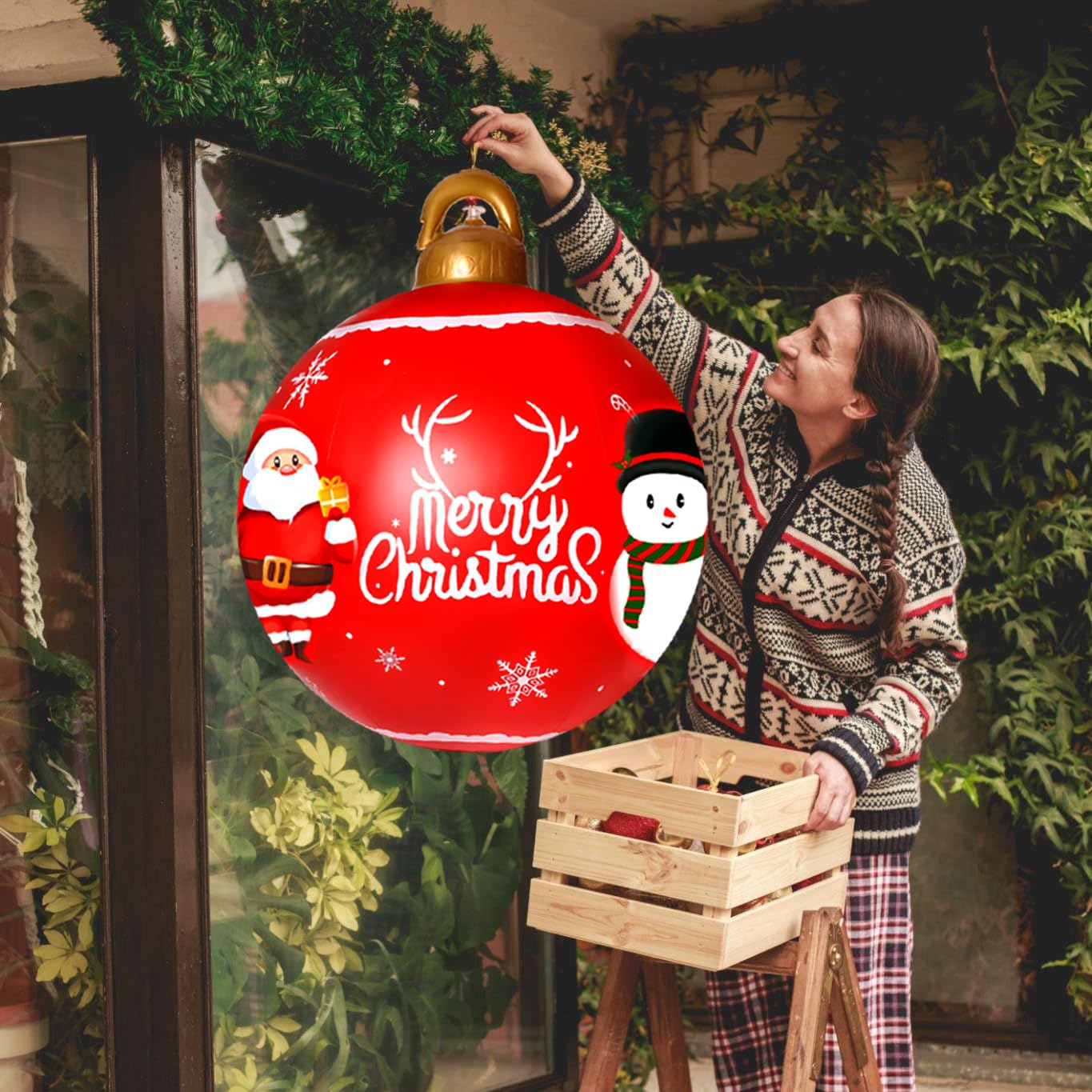 2PCS Christmas Inflatable Decorated Ball 24in Yard Inflatable Christmas Balls Giant Xmas Tree Ornaments PVC Blow up Yard Decorations for Outside Holiday Yard Lawn Porch Decor
