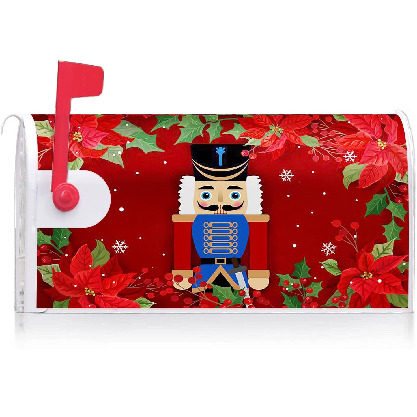 Texupday Merry Christmas Nutcracker Poinsettia Decoration Mailbox Cover with Magnetic Strip Winter Mailbox Wraps Post Letter Box Cover Standard Size 21" X 18" for Garden Outdoor Yard Decor